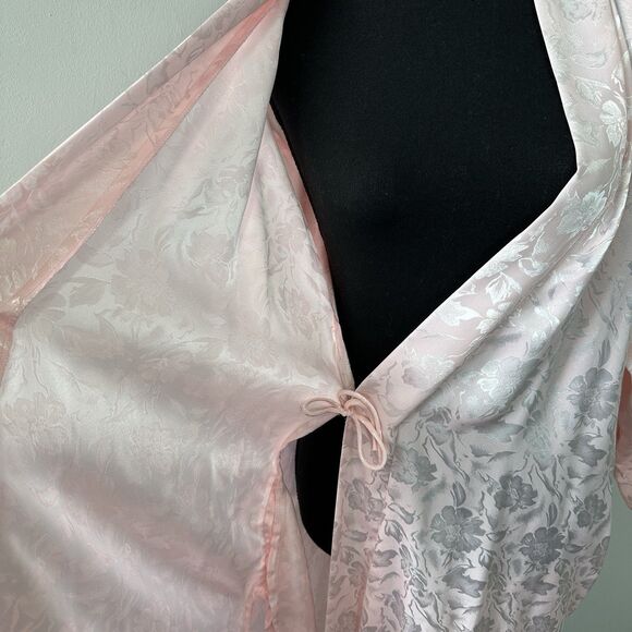 Vtg 90s Long Kimono Robe Small Powder Pink Floral Embossed Satin Belted Romantic - Picture 9 of 12